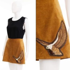 Upcycled tan suede mini skirt with eagle embroidery